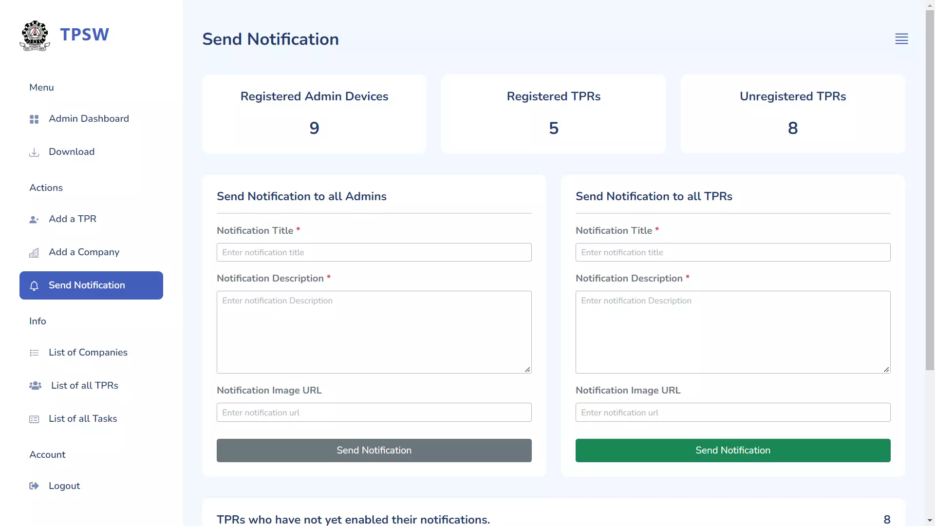 Send notification tab, The admin can send push notifications to the admin devices and placement coordinators who have their push notifications enabled. There is also a section which shows the placement coordinators who have not enabled (or disabled) their push notifications.